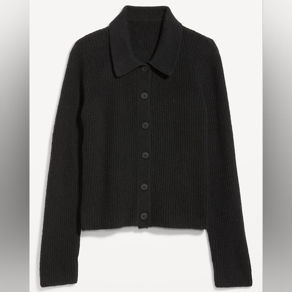 XXL Classic Black Ribbed Women's Collared Cardigan